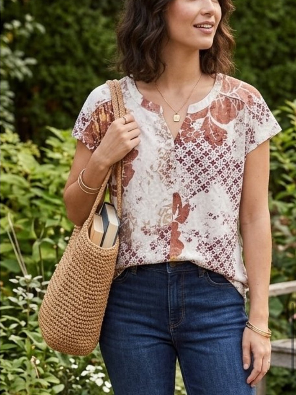 cleo Rust and Cream Short Sleeve Floral Mix V-Neck Top